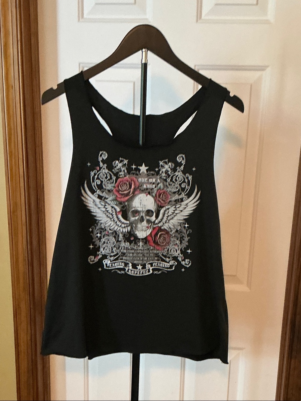SHEIN Black Racerback Tank with Skull, Wings & Rose Graphic